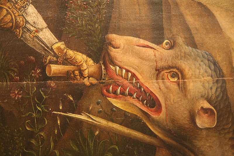 Combatting PTSD is slaying the dragon inside your mind. Detail of St George slaying the dragon by Jost Holler (1445) Unterlinden Museum