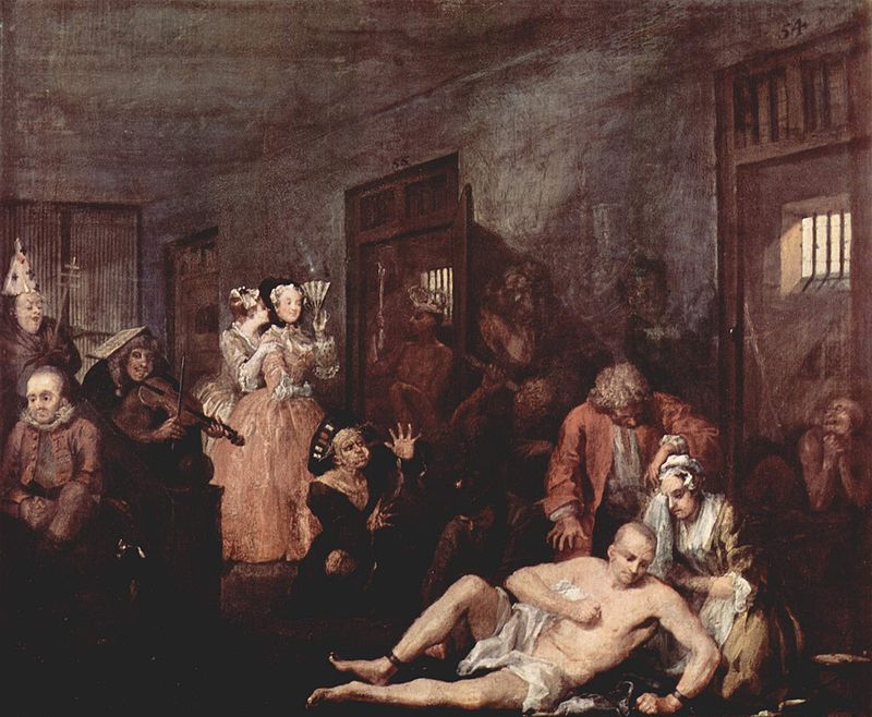 Inside Bedlam, scene from William Hogarth's A Rake's Progress (1735) (Public Domain)