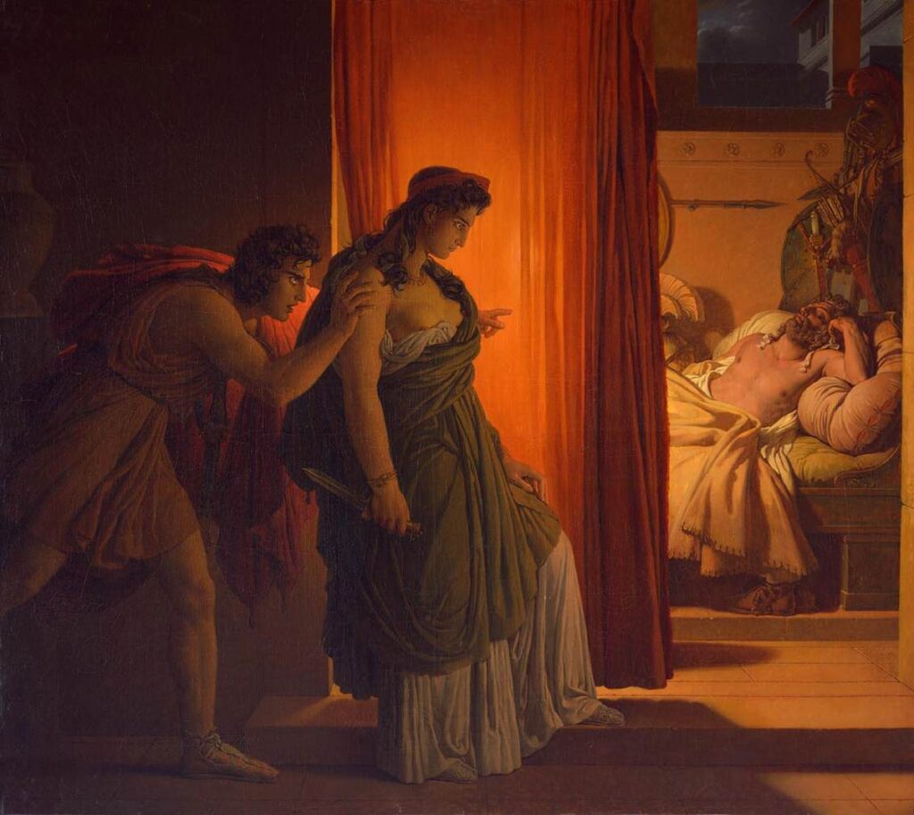 Clytemnestra preparing to kill her husband Agamemnon, by Pierre-Narcisse Guérin (1817) (Public Domain)