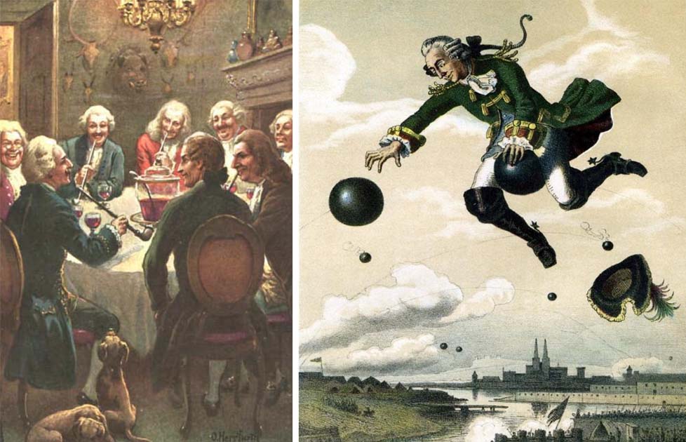 The Baron entertaining guests, from a series of postcards by Oskar Herrfurth (Public Domain) and Munchhausen rides the cannonball, as pictured by August von Wille (Public Domain)