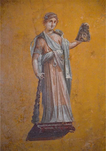 A fresco fragment depicting Melpomene, the Muse of Tragedy, from the House of Julia Felix in Pompeii, 62-79 CE. (Louvre Museum)