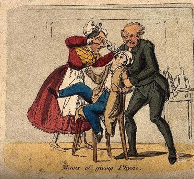 A woman and physician funnelling Godfrey's Cordial into a resisting man (Wellcome Images / CC BY-SA 4.0)