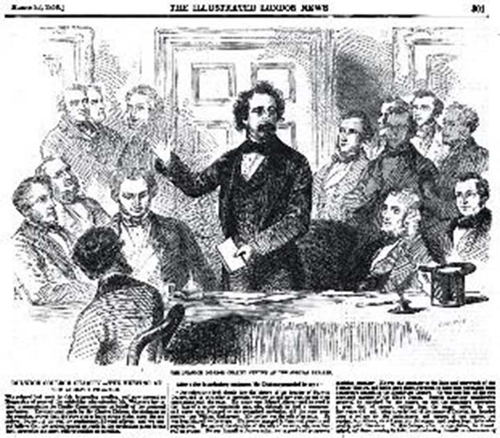 Dickens presiding over a charity meeting to discuss the future of the College of God's Gift; from The Illustrated London News, March 1856 (Public Domain)