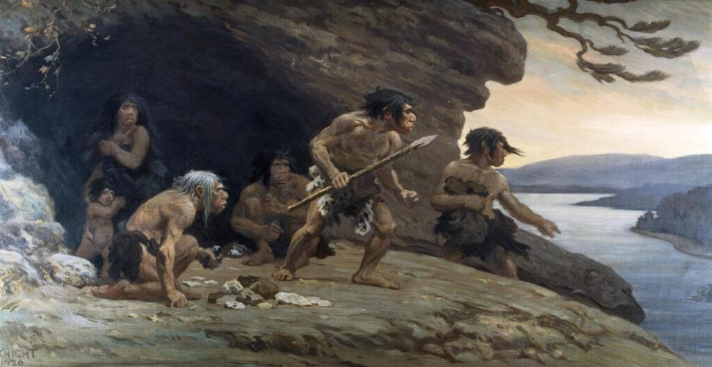 Le Moustier Neanderthals by Charles R. Knight, (1920)(Public Domain) There is no proof that so-called Neanderthal men clubbed their women into submission.