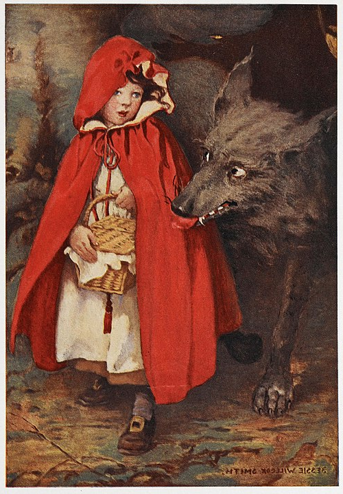 Little Red Riding Hood accosted by an “alpha male” by Jessie Willcox Smith (1911) (Public Domain)